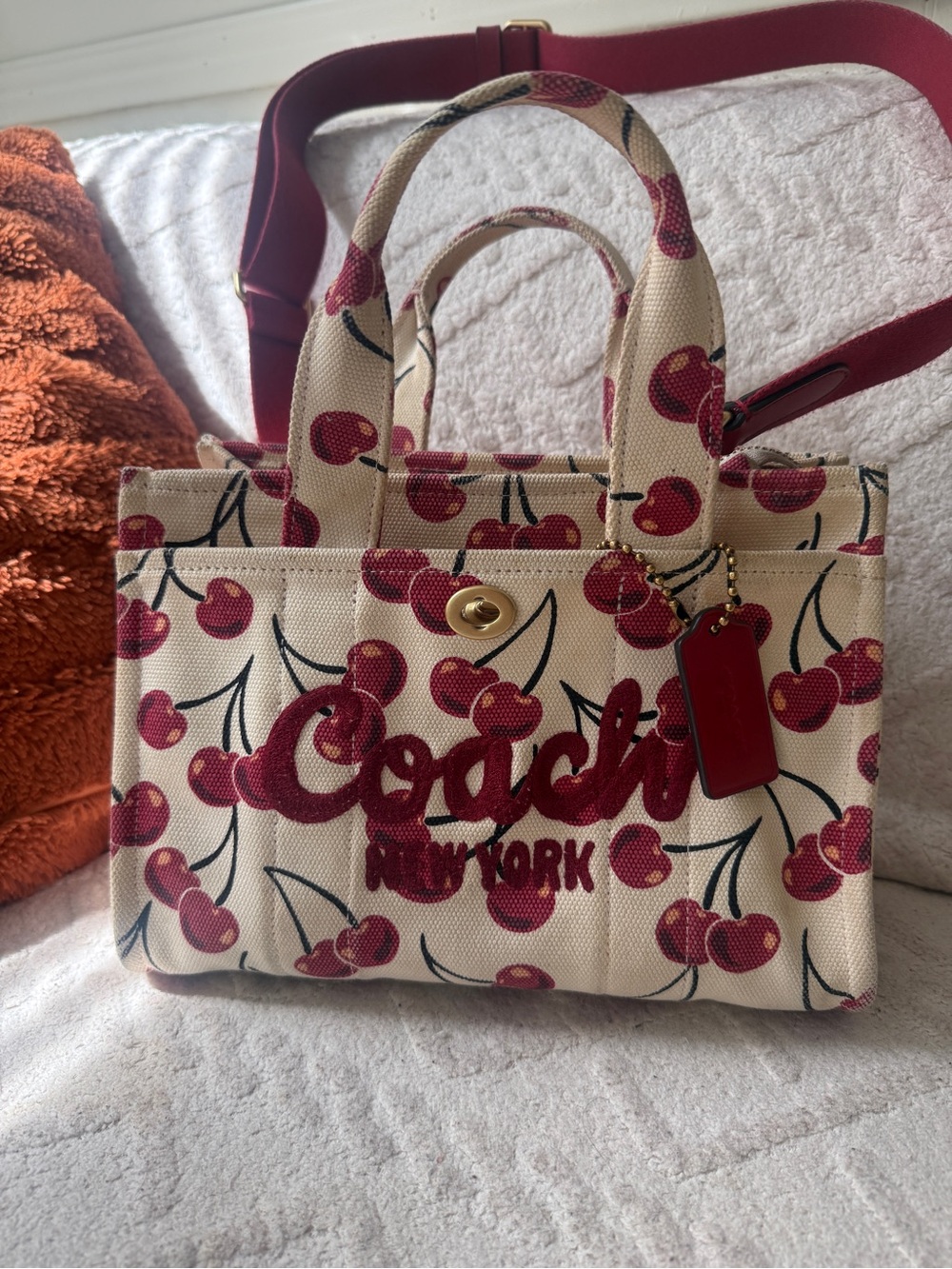 Coach Cream Canvas Mini Tote with Red Cherry Print
